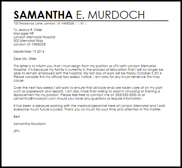 sample of resignation letter to employer